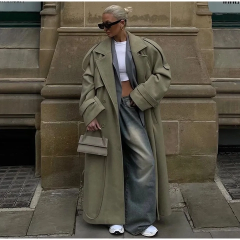 Dames Lange Wollen Jas Oversized Revers Double Breasted Met Riem Sage Green Warme Winterjas Mode Voor Dames