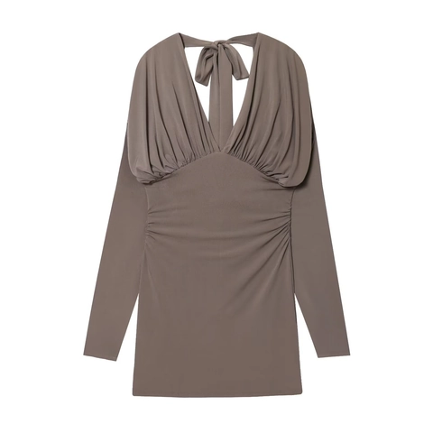 Vestido Corto Mujer Cuello En V Profundo Manga Larga Fruncido Ajustado Espalda Descubierta Lazo Color Sólido Elegante