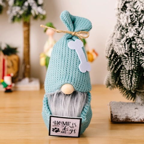 Kerstkabouter Pluche Gezichtloze Pop Gebreid Blauw Met Botdecoratie Houten Bord Hondenliefhebbers Cadeau Tafeldecoratie