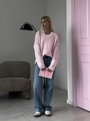 Women V Neck Knit Sweater Long Sleeve Cotton Polyester Blend Loose Fit Casual Pullover Soft Lightweight
