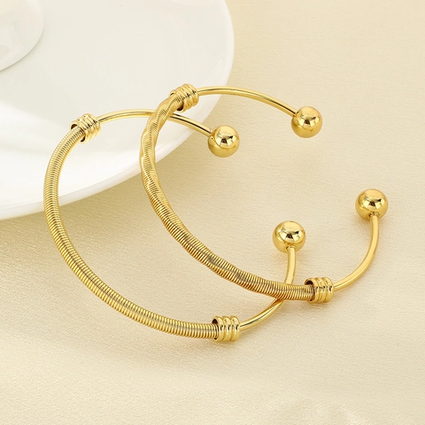 Mesh Texture Open Bangle Minimalist 18K Gold Plated Stainless Steel Cuff Bracelet With Round Ball Ends For Women