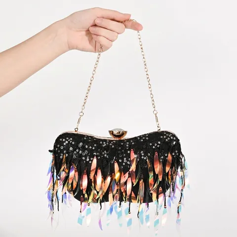 Damen Abendtasche Mit Pailletten Und Irisierenden Blattquasten Holografische Fransen Metallkette Für Partys