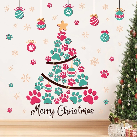 Christmas Wall Stickers PVC Pet Paw Print Christmas Tree DIY Removable Decals For Home Festive Window Decoration