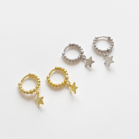 Orecchini A Cerchio Huggie Con Ciondolo A Stella Minimalisti Argento Sterling 925 Consistenza Perlata Gioielli Da Donna
