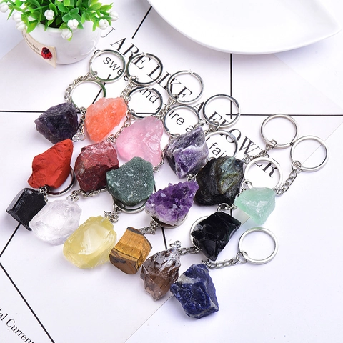 Llavero De Piedra De Cristal Natural Colgante Irregular Amatista Cuarzo Rosa Lapislázuli Anillo De Metal Para Bolso