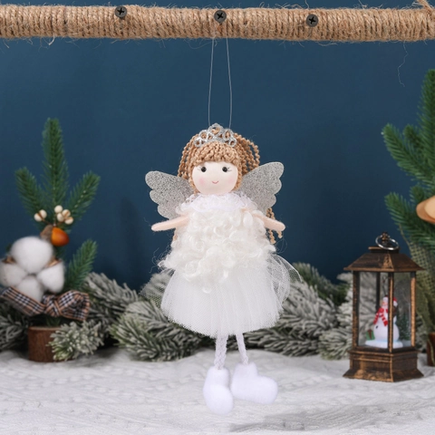 Plush Angel Girl Pendant With Glitter Wings Crown Ponytail Tulle Skirt Handmade Christmas Tree Decor Hanging Ornament