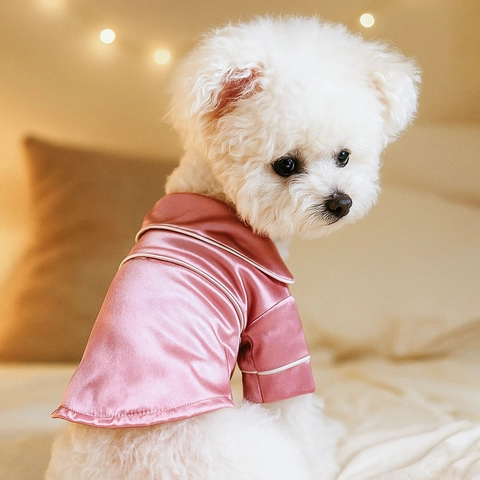 Haustier Pyjama Hund Katze Kleidung Satin Seidig Weich Revers Hemd Nachtwäsche Mit Kontrastpaspel Für Kleine Hunde Welpen