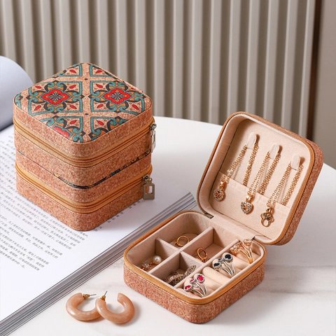 Portable Jewelry Storage Organizer Square Zipper Travel PU Leather Velvet Lining Ethnic Bohemian Print