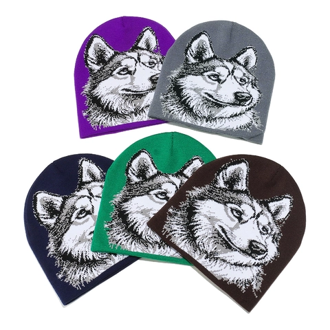 Bonnet En Tricot Acrylique Motif Loup Jacquard Bonnet D'Hiver Chaud Pour Hommes Femmes Unisexe Style Hip Hop