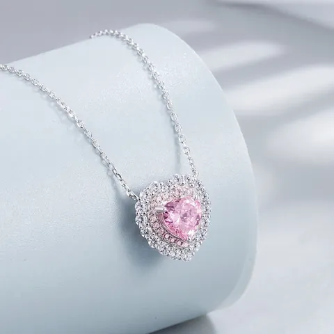 925 Sterling Silver Heart Pendant Necklace For Women Sparkling Rhinestone Inlaid Elegant Fashion Jewelry Pink Yellow Valentine Gift