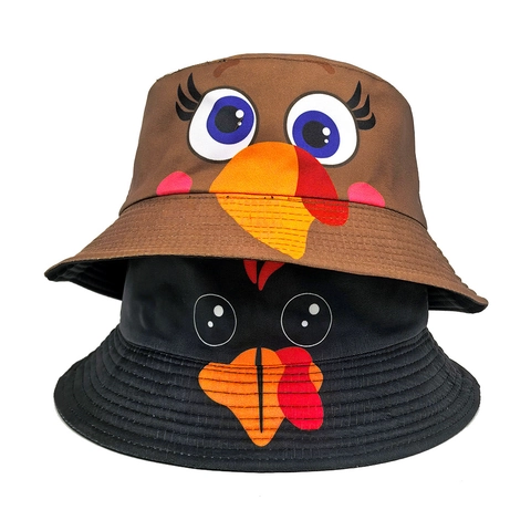 Bucket Hat Cartoon Turkey Pattern Polyester Twill Foldable Sun Protection Thanksgiving Party Novelty Unisex