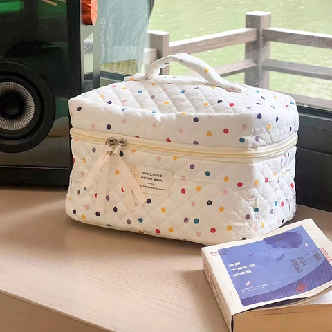 Quilted Makeup Bag Colorful Polka Dot Cotton Portable Cosmetic Organizer With Handle Large Capacity Zippered Pouch