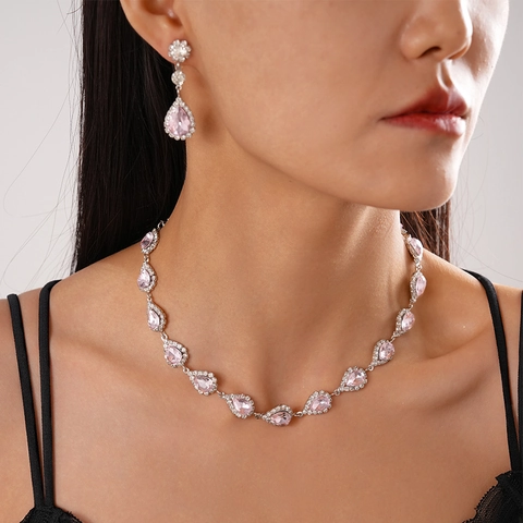 Gioielli A Goccia D'acqua Collana E Orecchini In Rame Con Strass Stile Di Lusso Elegante Per Donna