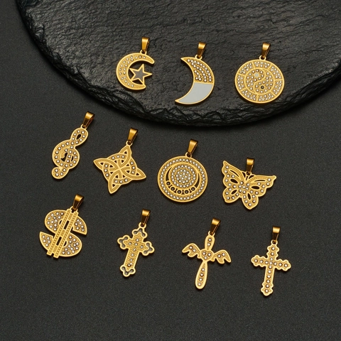 Collana Con Pendente In Acciaio Inossidabile Vintage Placcata Oro 18K Con Strass Hip Hop Croce Farfalla Luna Gioielli Per Uomo Donna