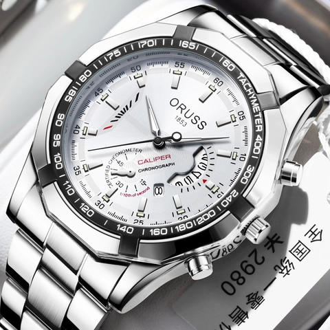 ORUSS Men Quartz Watch Business Waterproof Luminous Double Calendar Alloy Analog Wristwatch Silver Black Dial Jewelry