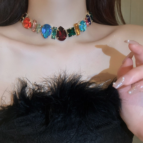 Exaggerated Rhinestone Choker Necklace Geometric Crystal Alloy Luxury Statement Neck Jewelry For Women Party Accessory