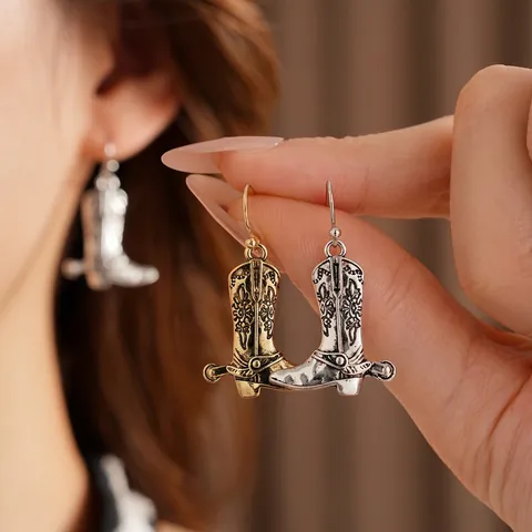 Cowboy Boot Drop Earrings Alloy Vintage Engraved Western Style With Silver Earring Post For Women Retro Jewelry
