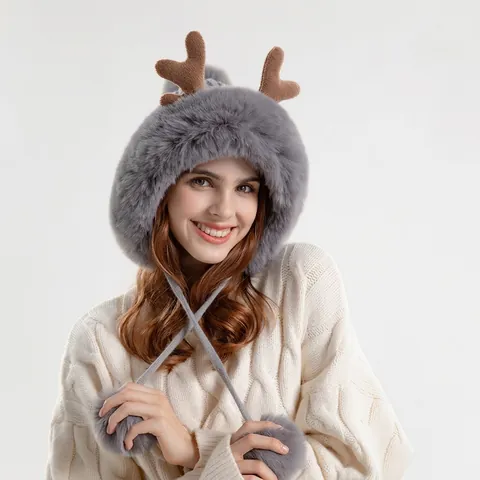 Berretto In Maglia Con Corna Di Renna Ecopelliccia Protezione Orecchie Fodera In Pile Inverno Caldo Natale Pom Pon Donna
