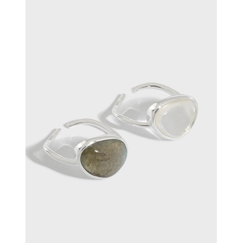 Anillo Abierto Ajustable Plata De Ley 925 Piedra De Luna Cristal Piedra Natural Irregular Estilo Minimalista INS Mujeres
