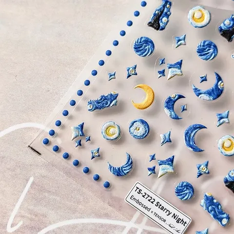 Pegatinas De Uñas En Relieve 5D Tema Van Gogh Noche Estrellada 3D Autoadhesivas Decoración De Manicura DIY Estilo Vintage