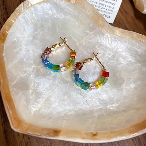 Rainbow Glass Square Bead Hoop Earrings With 925 Sterling Silver Earring Post Geometric Gold Plated Jewelry For Women