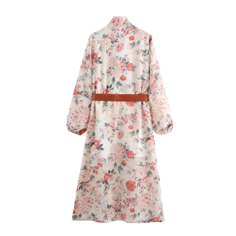 Floral Print Long Sleeve Midi Dress Chiffon Polyester Bow Tie Neck High Waist With Belt Elegant Sweet Pink