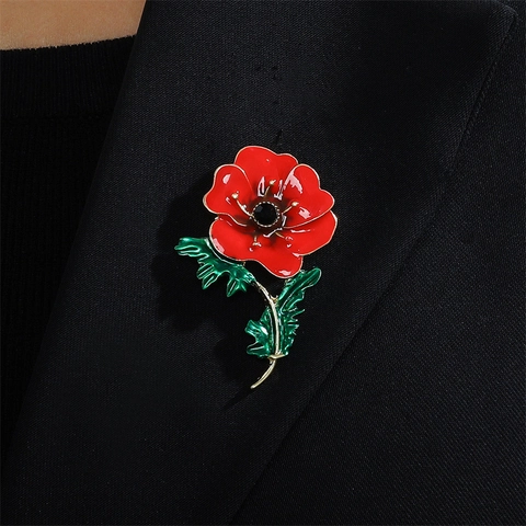 Broche Coquelicot Rouge Style Chinois Émail Alliage de Zinc Plante Épingle Pour Femmes Costume Robe Élégant Strass Fleur Bijoux