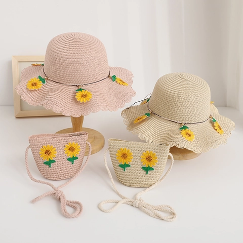 Set Cappello Di Paglia E Borsa Girasole Per Bambini Carta Intrecciata Protezione Solare Tesa Ondulata Accessori Da Spiaggia Estate Per Ragazze