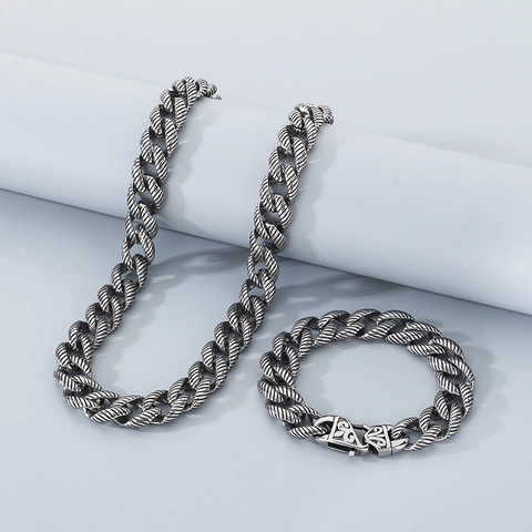 Collar Y Pulsera De Acero Inoxidable Para Hombre Joyas Cadena Cubana Textura Torsión Estilo Retro Hip Hop