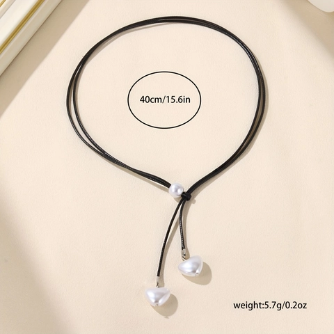 Collar en Y de Cordón Negro Hecho a Mano Collar con Colgante de Corazón de Perla Artificial Ajustable Joyería de Moda para Mujer