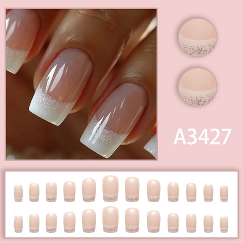 Faux Ongles Press On French Tip Base Rose Nude Avec Paillettes Argentées Carré Rond Pour Femmes Manucure