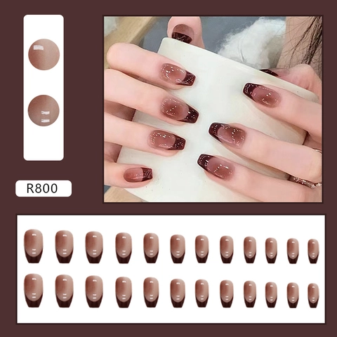 Coffin French Tip Press On Nails Gradiënt Koffie Minimalistisch Glanzend Kunstnagels Voor Dames
