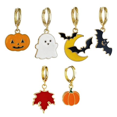 Halloween Pumpkin Ghost Bat Maple Leaf Hoop Earrings Alloy Copper Enamel Autumn Jewelry For Women Asymmetric