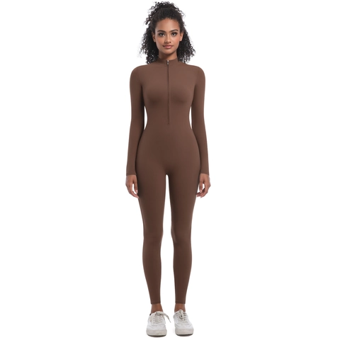 Dames Lange Mouw Yoga Jumpsuit Slim Fit Halve Rits Opstaande Kraag Hoge Elastische Sport Bodysuit Fitness Kleding