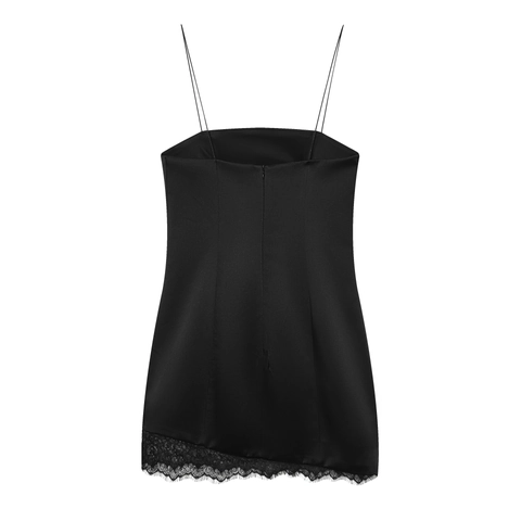 Satin Camisole Mini Dress With Lace Trim Spaghetti Straps Solid Black Sleeveless Back Zipper Elegant Bodycon Party