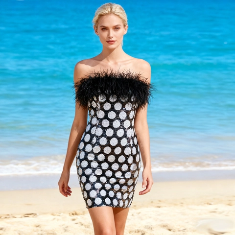 Polka Dot Pailletten Mini Bodycon Jurk Veren Rand Strapless Tube Top Rugloos Sexy Party Clubwear Dames Mode