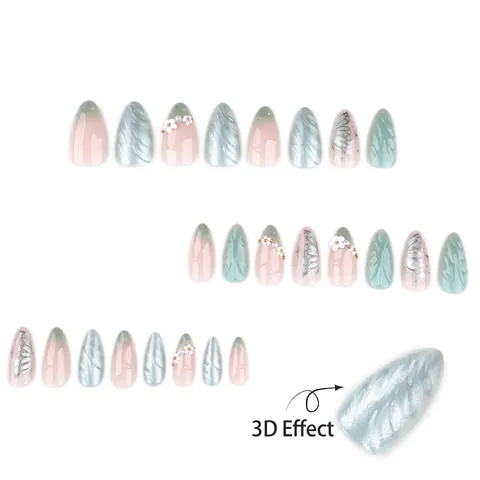 3D Blumen Und Künstliche Perlen Press On Nails Mandelform Cat Eye Morandi Grün Gradient Silber Schmetterling Falsche Nägel Für Damen