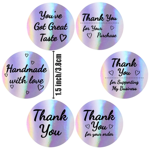 Holographic Thank You Stickers Round Laser Foil Sealing Labels For Small Business Packaging Wedding Gift Decor Shiny Colorful