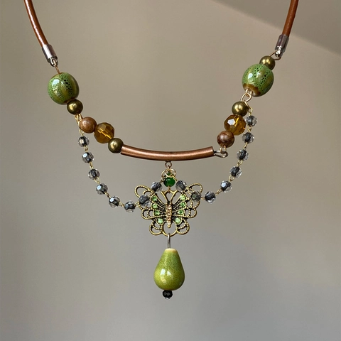 Collar Con Colgante De Mariposa Vintage Con Cuerda De Cuero Cuentas De Cerámica Verde Diamantes Bijoux Boho Para Mujer