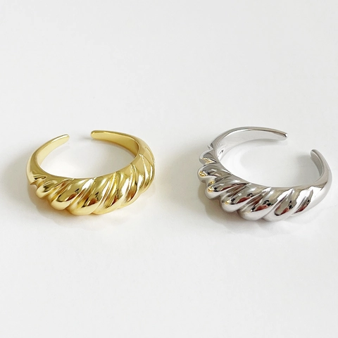 925 Sterling Silver Ring Twisted Croissant Texture Adjustable Wide Curved Band French Style Minimalist Jewelry For Women