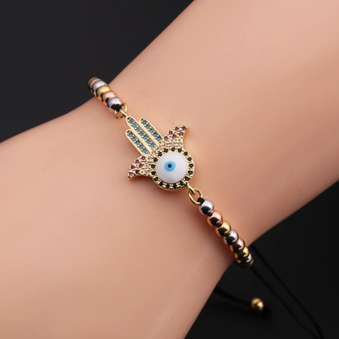Hamsa Hand Evil Eye Bracelets Copper Gold Plated Cubic Zirconia Adjustable Bohemian Protection Jewelry For Women