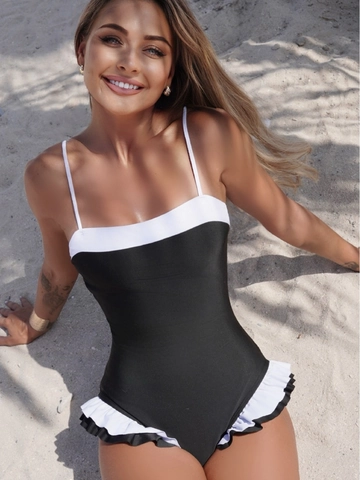 Women Monokini Swimsuit Polyester Spandex Contrast Black White Ruffle Hem Spaghetti Strap Slim Sexy Swimwear