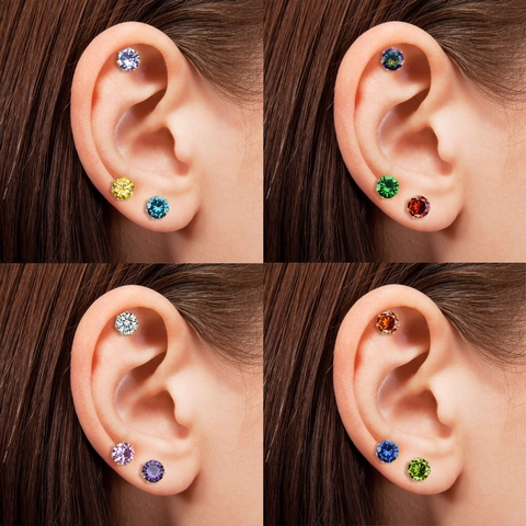 Round Cubic Zirconia Stud Earrings Gold Plated Stainless Steel Birthstone Multiple Colored Crystal Jewelry Women Daily