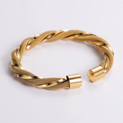 Twisted Mesh Rope Open Bangle Stainless Steel 18K Gold Plated Adjustable Bracelet For Women Elegant Jewelry