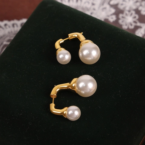 Pendientes de Doble Perla Artificial de Cobre Vintage para Mujer Lujo Ligero Chapado en Oro en Forma de U Joyería