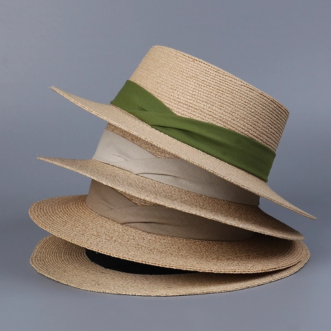Raffia Boater Hat With Linen Ribbon Summer Sun Protection Beach Flat Top Straw Hat For Women