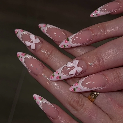 Almond Shape Press On Nails Pink French Style Strawberry Pattern With Three Dimensional Bow Resin Decorative Sweet Fake Nails