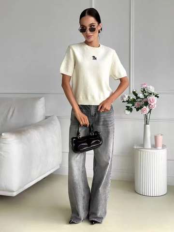 Women Round Neck Short Sleeve Knit T-Shirt Cotton Blend Slim Fit Embroidered Animal Pattern Casual White Top