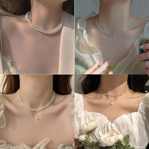 Elegante Collana Di Künstliche Perle Sintetiche Lega Ciondolo Cuore Farfalla Catena Per Clavicvola Multistrato Gioielli Moda Donna Vintage