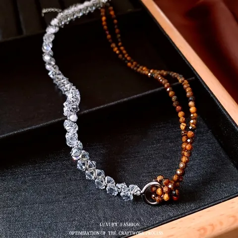 Retro Tigerauge Perlen Asymmetrische Halskette Für Damen Spleiß Mit Zirkon Und Kristallglas Perlen Eleganter Schmuck